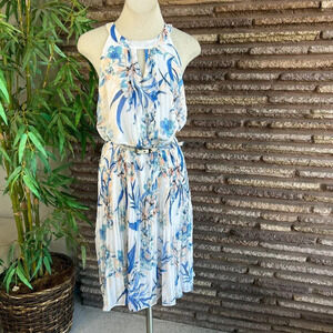 Alfani Blue Floral Flowy Halter Belted Dress With Keyhole Accent Size 16